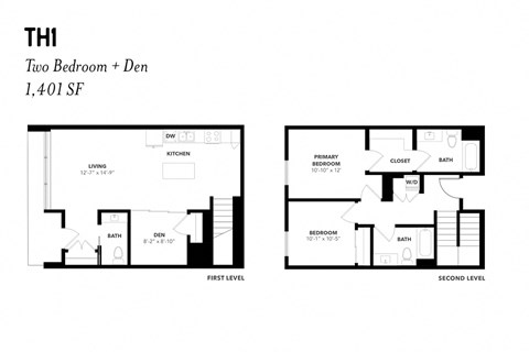 Floor plan for 2 beds, 2.5 baths, 1367 sqft